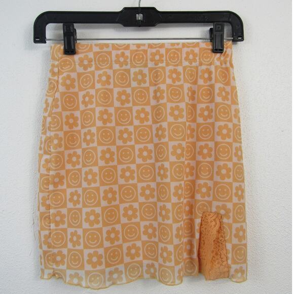 Forever 21 Small Orange Cream Checkered Mini Skirt Flowers Smiley Faces - Picture 1 of 4